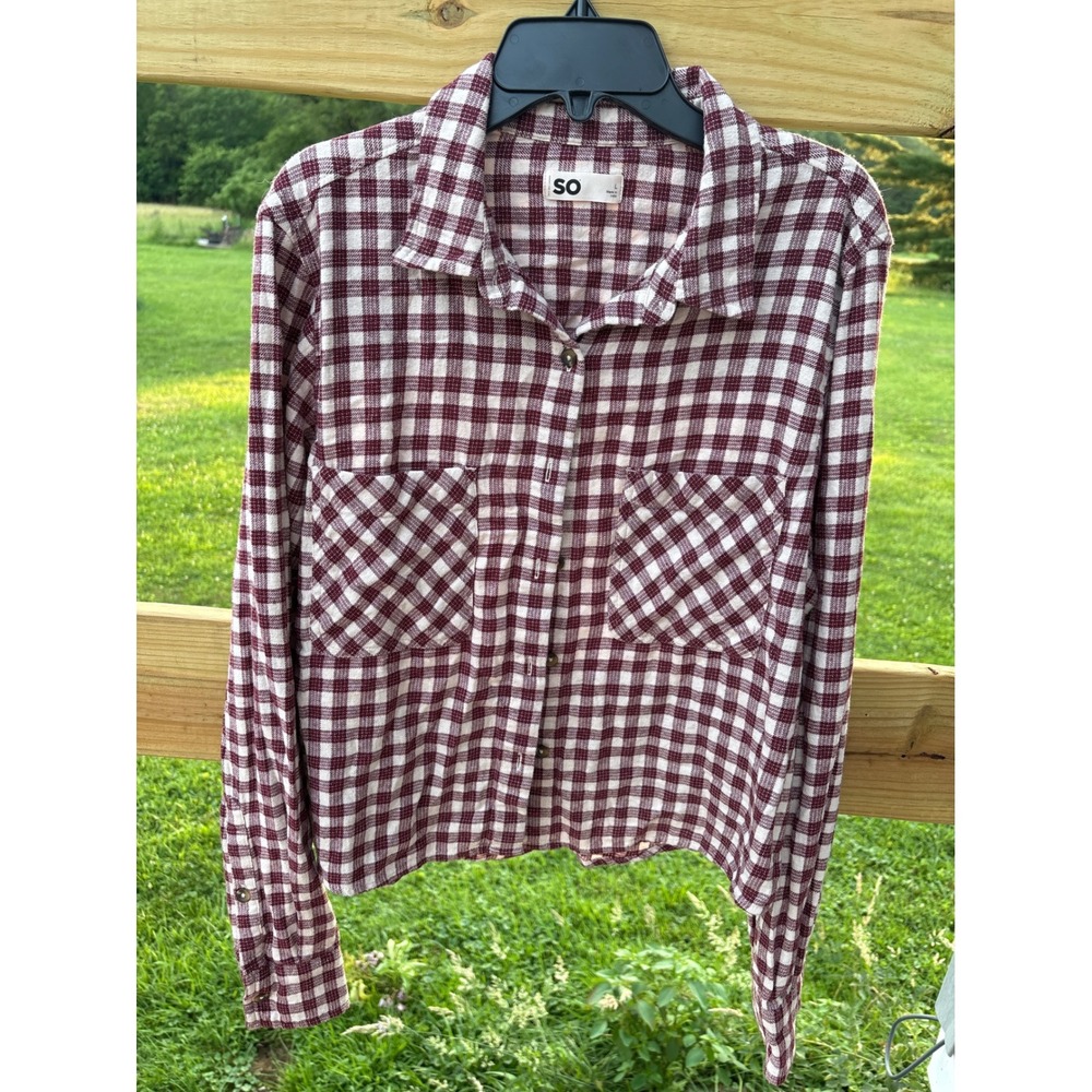 SO Burgundy Plaid Button Down Shirt Kids Large Long Sleeve Cotton Flannel Style